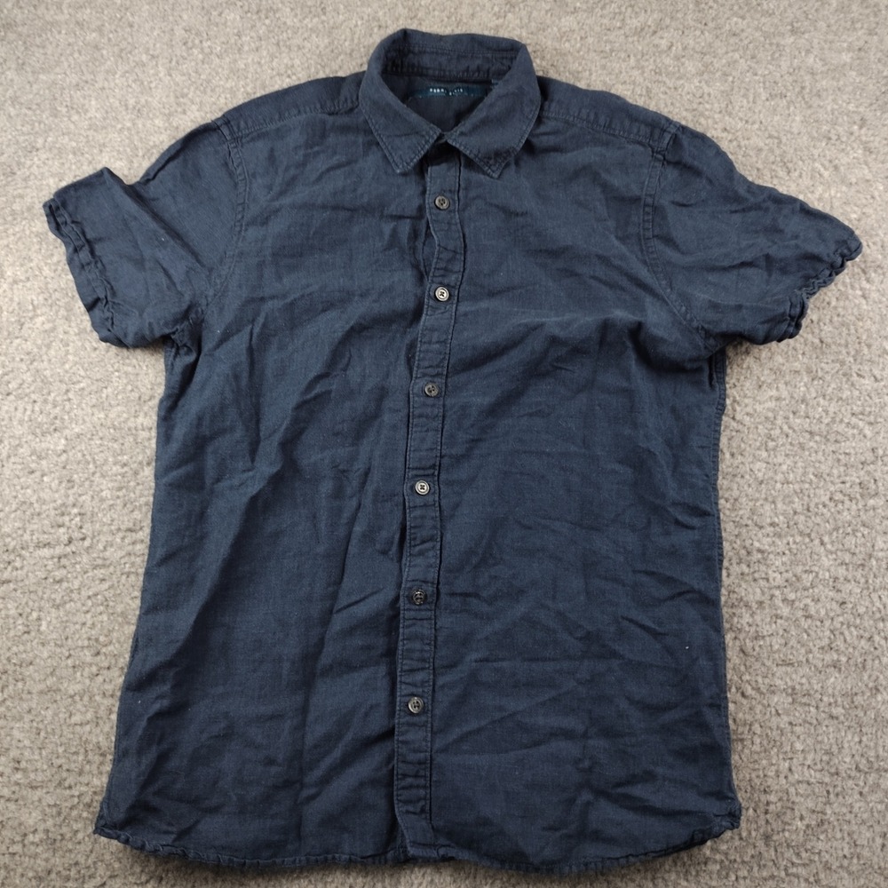 Perry Ellis Linen Cotton Shirt Mens Small Slim Short Sleeve Navy Button Down